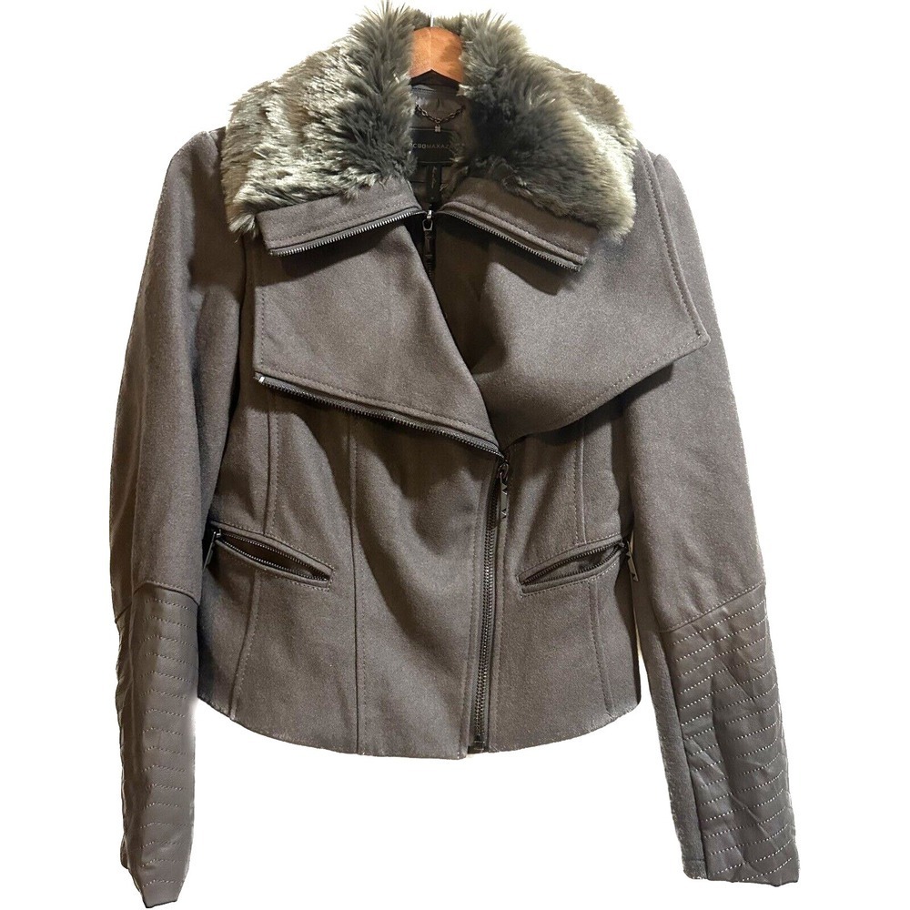 BCBGMAXAZRIA Jacket Women M Wool Blend Crop Removable Faux Fur Collar Trim $348